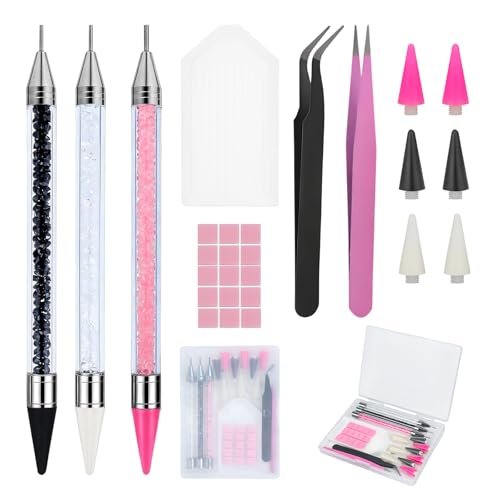 14PCS Rhinestone Picker Tool Kit for Nail Art, Diamond Painting & Bedazzling - Dual-Ended Pens with Wax & Metal Tips, Replaceable Heads, Tweezers, Clay, Tray & Storage Case - görsel 2