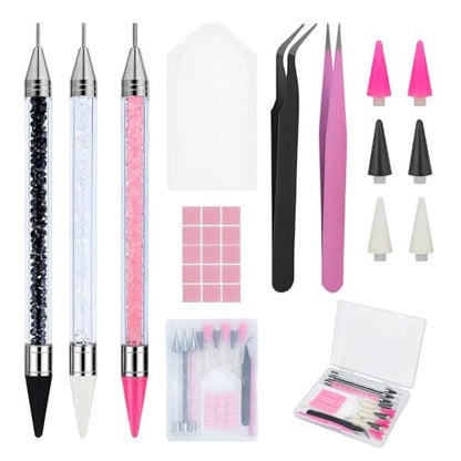 14PCS Rhinestone Picker Tool Kit for Nail Art, Diamond Painting & Bedazzling - Dual-Ended Pens with Wax & Metal Tips, Replaceable Heads, Tweezers, Clay, Tray & Storage Case