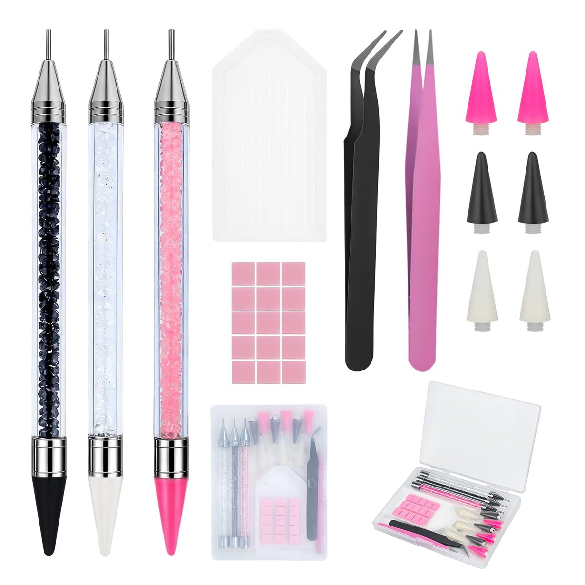 14PCS Rhinestone Picker Tool Kit for Nail Art, Diamond Painting & Bedazzling - Dual-Ended Pens with Wax & Metal Tips, Replaceable Heads, Tweezers, Clay, Tray & Storage Case - görsel 1