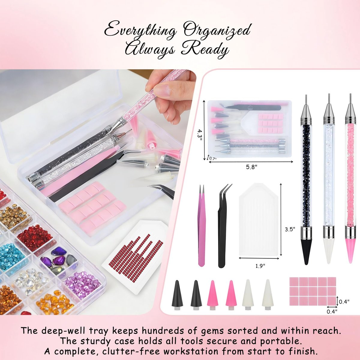 14PCS Rhinestone Picker Tool Kit for Nail Art, Diamond Painting & Bedazzling - Dual-Ended Pens with Wax & Metal Tips, Replaceable Heads, Tweezers, Clay, Tray & Storage Case - görsel 11