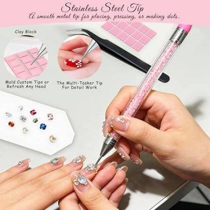 14PCS Rhinestone Picker Tool Kit for Nail Art, Diamond Painting & Bedazzling - Dual-Ended Pens with Wax & Metal Tips, Replaceable Heads, Tweezers, Clay, Tray & Storage Case