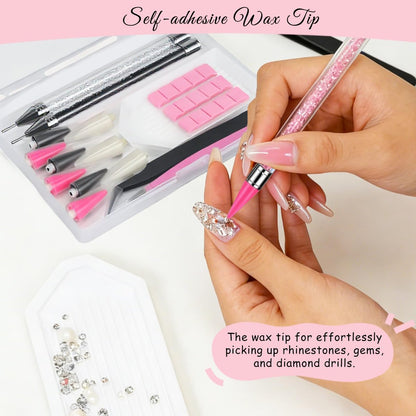 14PCS Rhinestone Picker Tool Kit for Nail Art, Diamond Painting & Bedazzling - Dual-Ended Pens with Wax & Metal Tips, Replaceable Heads, Tweezers, Clay, Tray & Storage Case