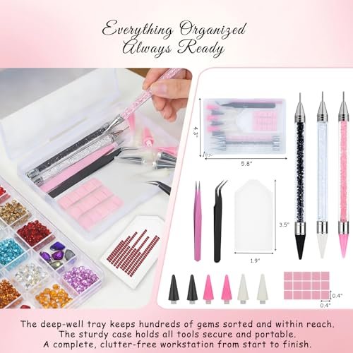 14PCS Rhinestone Picker Tool Kit for Nail Art, Diamond Painting & Bedazzling - Dual-Ended Pens with Wax & Metal Tips, Replaceable Heads, Tweezers, Clay, Tray & Storage Case - görsel 12