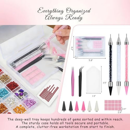 14PCS Rhinestone Picker Tool Kit for Nail Art, Diamond Painting & Bedazzling - Dual-Ended Pens with Wax & Metal Tips, Replaceable Heads, Tweezers, Clay, Tray & Storage Case