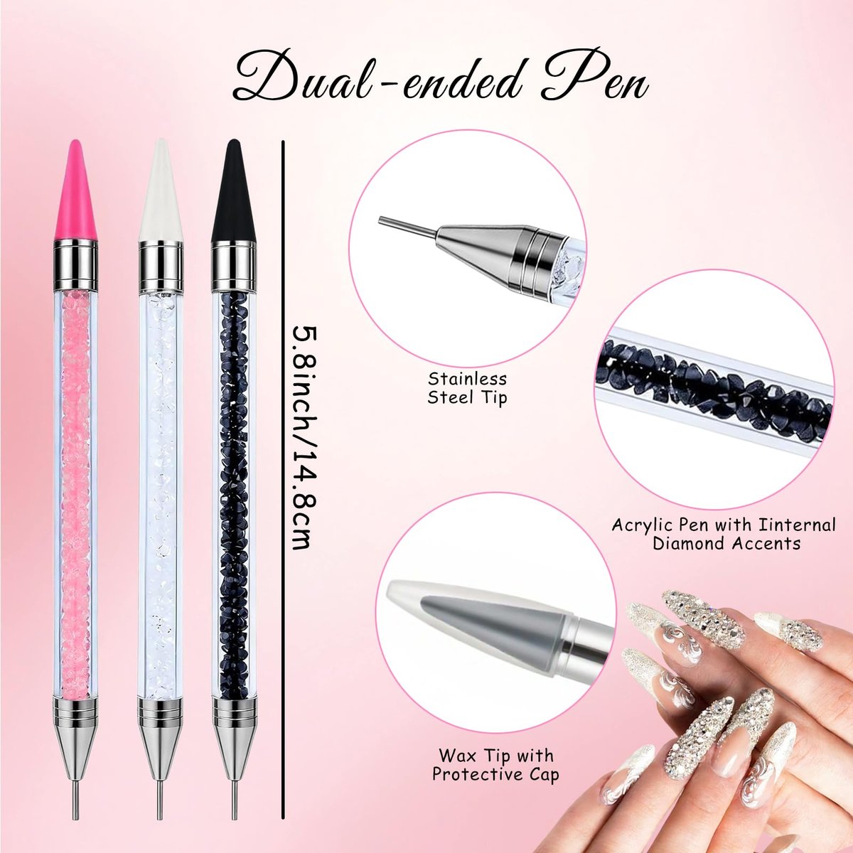 14PCS Rhinestone Picker Tool Kit for Nail Art, Diamond Painting & Bedazzling - Dual-Ended Pens with Wax & Metal Tips, Replaceable Heads, Tweezers, Clay, Tray & Storage Case - görsel 3