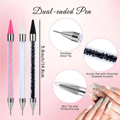 14PCS Rhinestone Picker Tool Kit for Nail Art, Diamond Painting & Bedazzling - Dual-Ended Pens with Wax & Metal Tips, Replaceable Heads, Tweezers, Clay, Tray & Storage Case