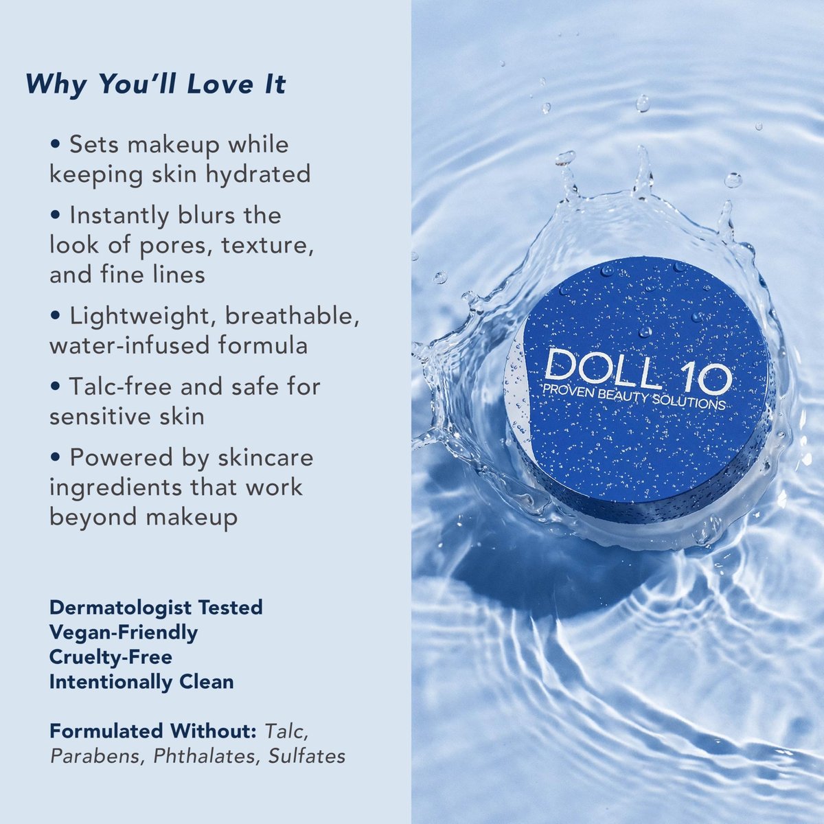 Doll 10 WaterBlur Hydrating Setting Powder - Talc Free Blurring Finishing Powder for Under Eye & Face, Soft Focus Finish for Mature & Sensitive Skin, 10g / 0.35 oz Avelisse
