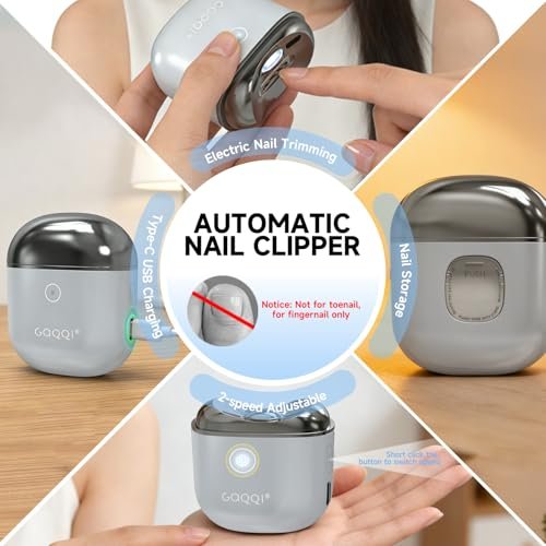 Electric Nail Clipper for Baby, Women, Men, Seniors – 2026 New Smart Safety Automatic Nail Trimmer with LED Light, Clip Storage, Type-C USB Rechargeable Fingernail File, Grey Avelisse