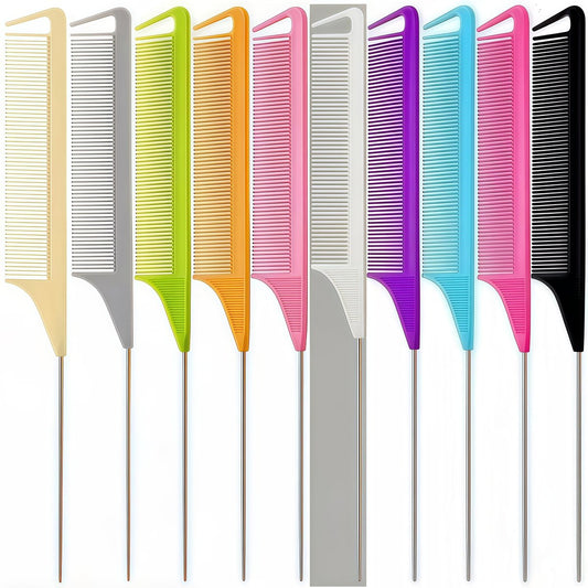 Schembo 10 Pack Carbon Fiber Rat Tail Combs - Fine Tooth Teasing Comb Set for Hair Styling, Sectioning & Parting