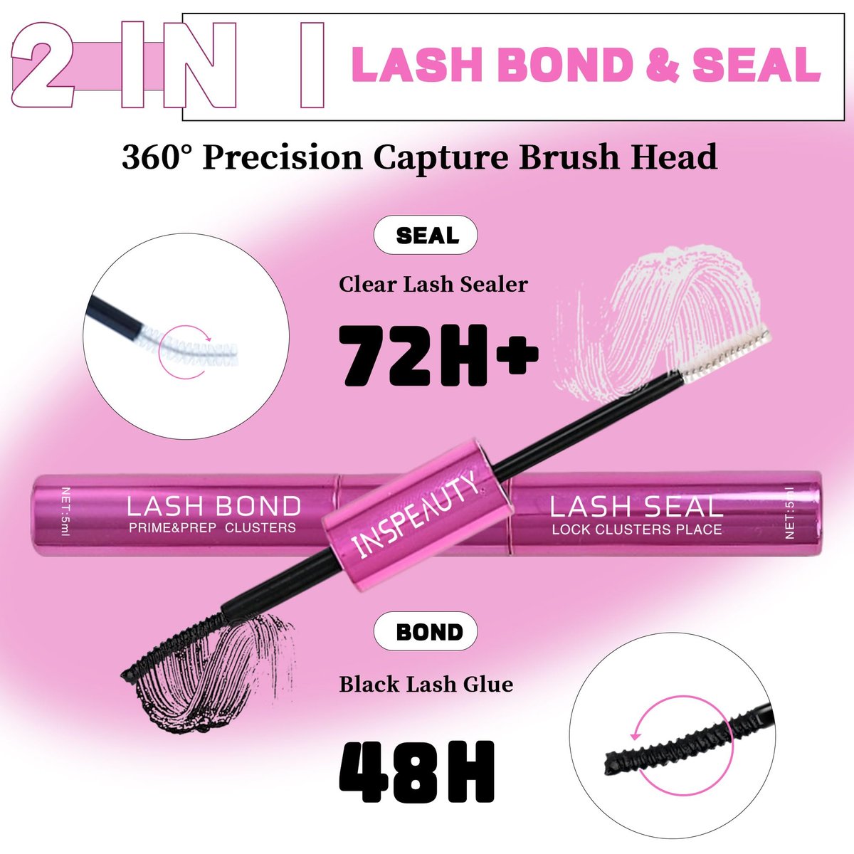 INSPEAUTY Lash Cluster Glue: Waterproof 2-in-1 Bond & Seal for Eyelash Clusters – 5ml+5ml, Strong Hold Up to 72 Hours - görsel 3