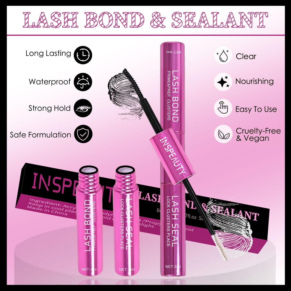 INSPEAUTY Lash Cluster Glue: Waterproof 2-in-1 Bond & Seal for Eyelash Clusters – 5ml+5ml, Strong Hold Up to 72 Hours - görsel 5