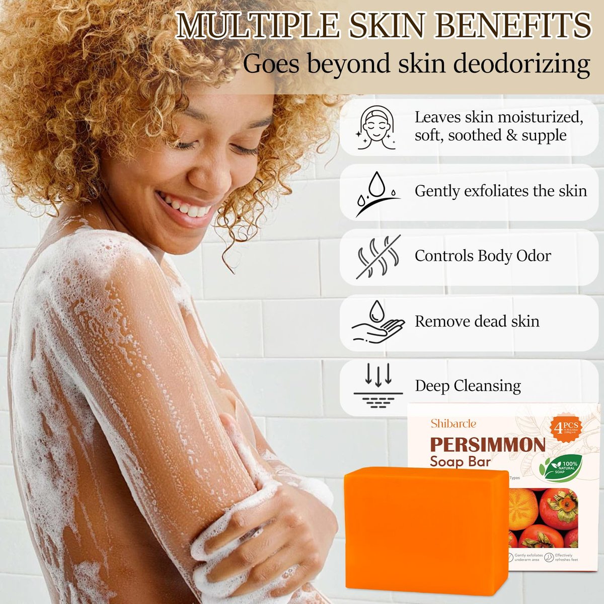 Persimmon Soap Bar 4 Pack – Natural Odor Control Soap for Body Odor, Underarms, Intimate Areas & Feet | All Skin Types Avelisse