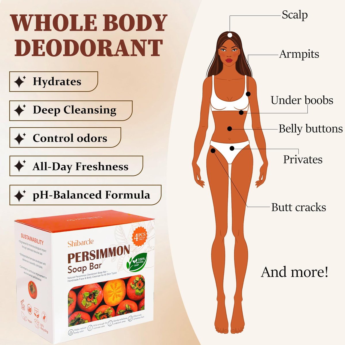 Persimmon Soap Bar 4 Pack – Natural Odor Control Soap for Body Odor, Underarms, Intimate Areas & Feet | All Skin Types Avelisse
