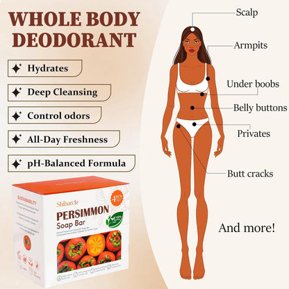 Persimmon Soap Bar 4 Pack – Natural Odor Control Soap for Body Odor, Underarms, Intimate Areas & Feet | All Skin Types Avelisse