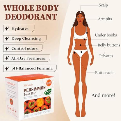 Persimmon Soap Bar 4 Pack – Natural Odor Control Soap for Body Odor, Underarms, Intimate Areas & Feet | All Skin Types Avelisse