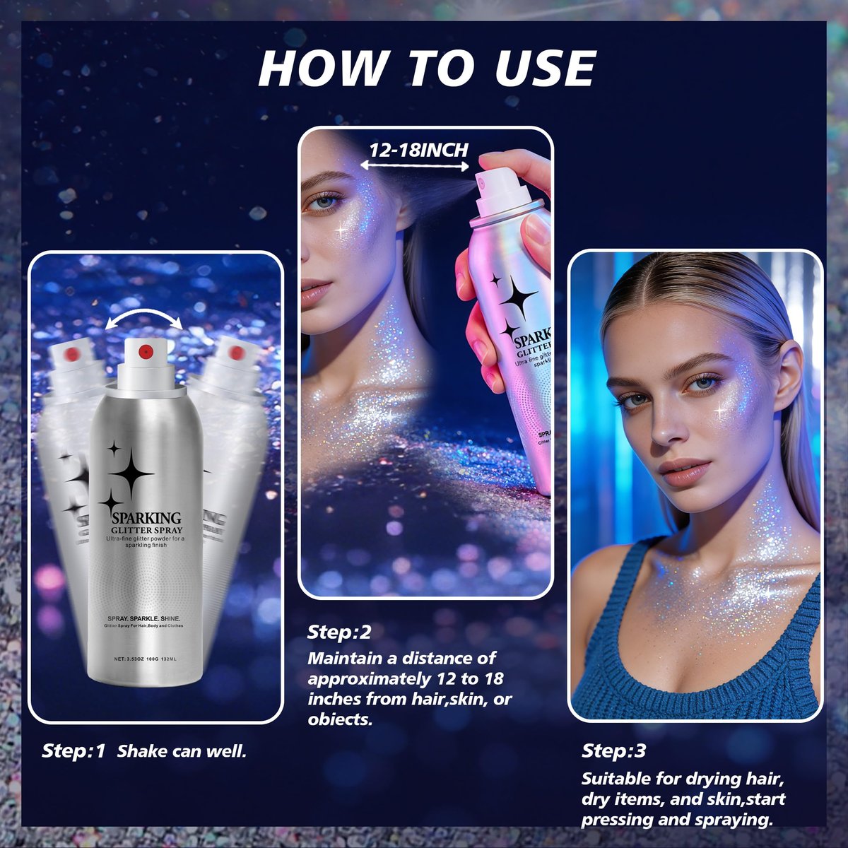 Mifeloy Silvery Hair and Body Glitter Spray - Long-Lasting Shimmer for Festivals, Concerts, and Proms - Quick-Drying Glitter Hairspray for Men and Women (100ml) - görsel 7