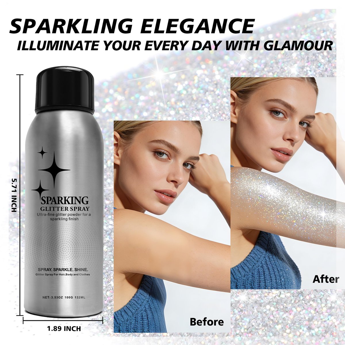 Mifeloy Silvery Hair and Body Glitter Spray - Long-Lasting Shimmer for Festivals, Concerts, and Proms - Quick-Drying Glitter Hairspray for Men and Women (100ml) - görsel 3