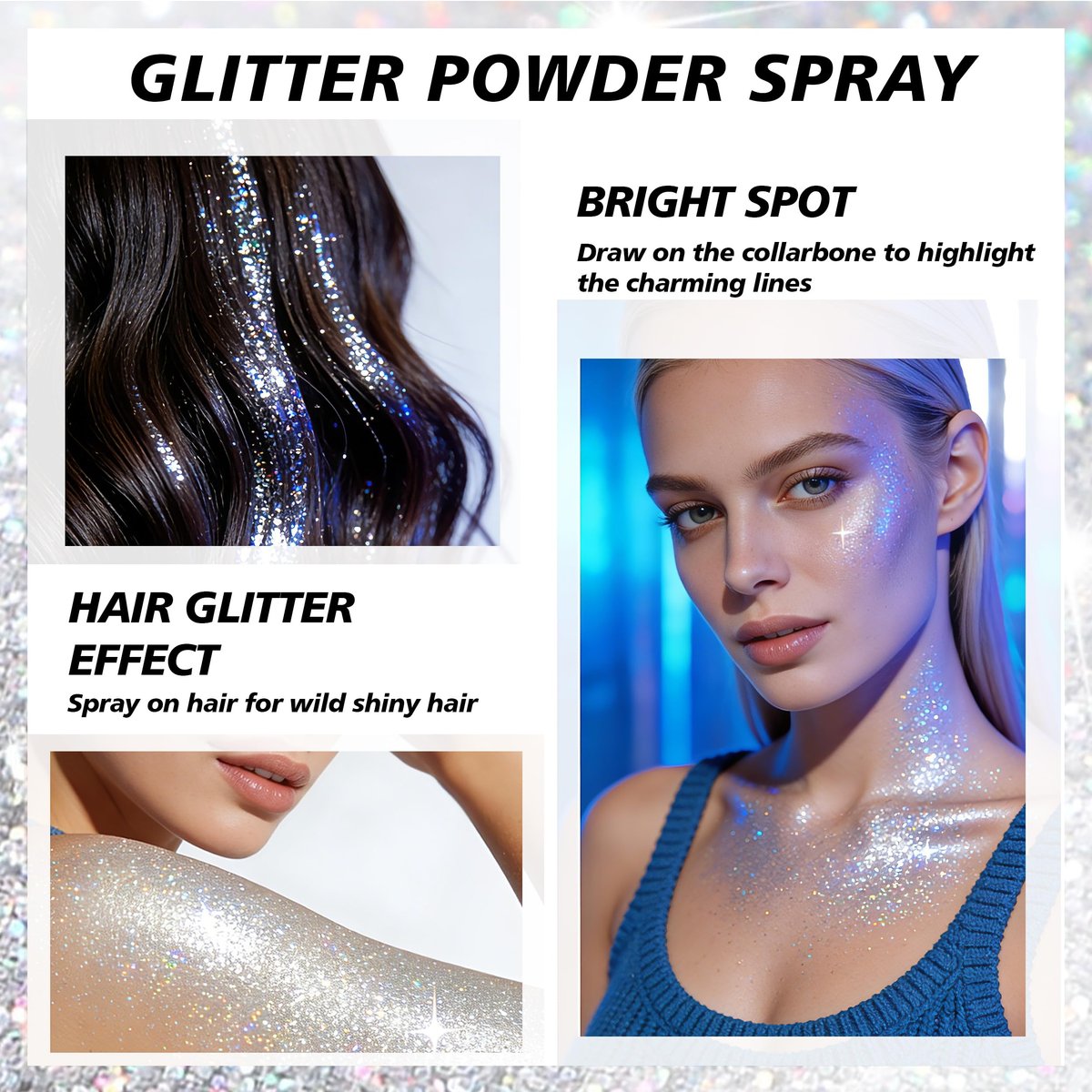 Mifeloy Silvery Hair and Body Glitter Spray - Long-Lasting Shimmer for Festivals, Concerts, and Proms - Quick-Drying Glitter Hairspray for Men and Women (100ml) - görsel 9