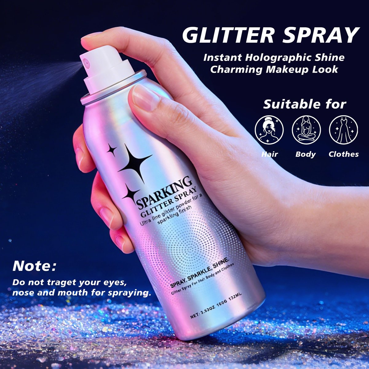 Mifeloy Silvery Hair and Body Glitter Spray - Long-Lasting Shimmer for Festivals, Concerts, and Proms - Quick-Drying Glitter Hairspray for Men and Women (100ml) - görsel 5