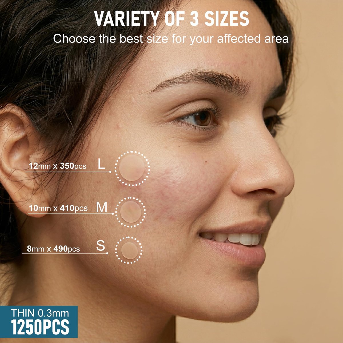 1250 Count Pimple Patches for Face - 3 Sizes (8mm, 10mm, 12mm) Hydrocolloid Acne Patches, Cute Round Acne Stickers, Covers Zits, Blemishes & Breakouts – Gentle on All Skin Types - görsel 5
