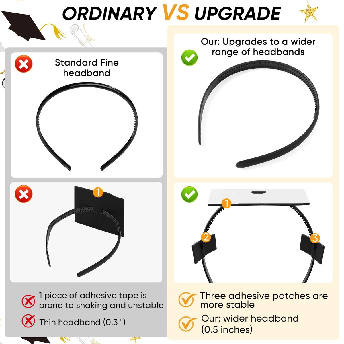 YFJOLEN 2 Pack Graduation Cap Headbands - Black Grad Cap Hairband Inserts for Perfect Fit, Graduation Hat Accessories for Students - görsel 5