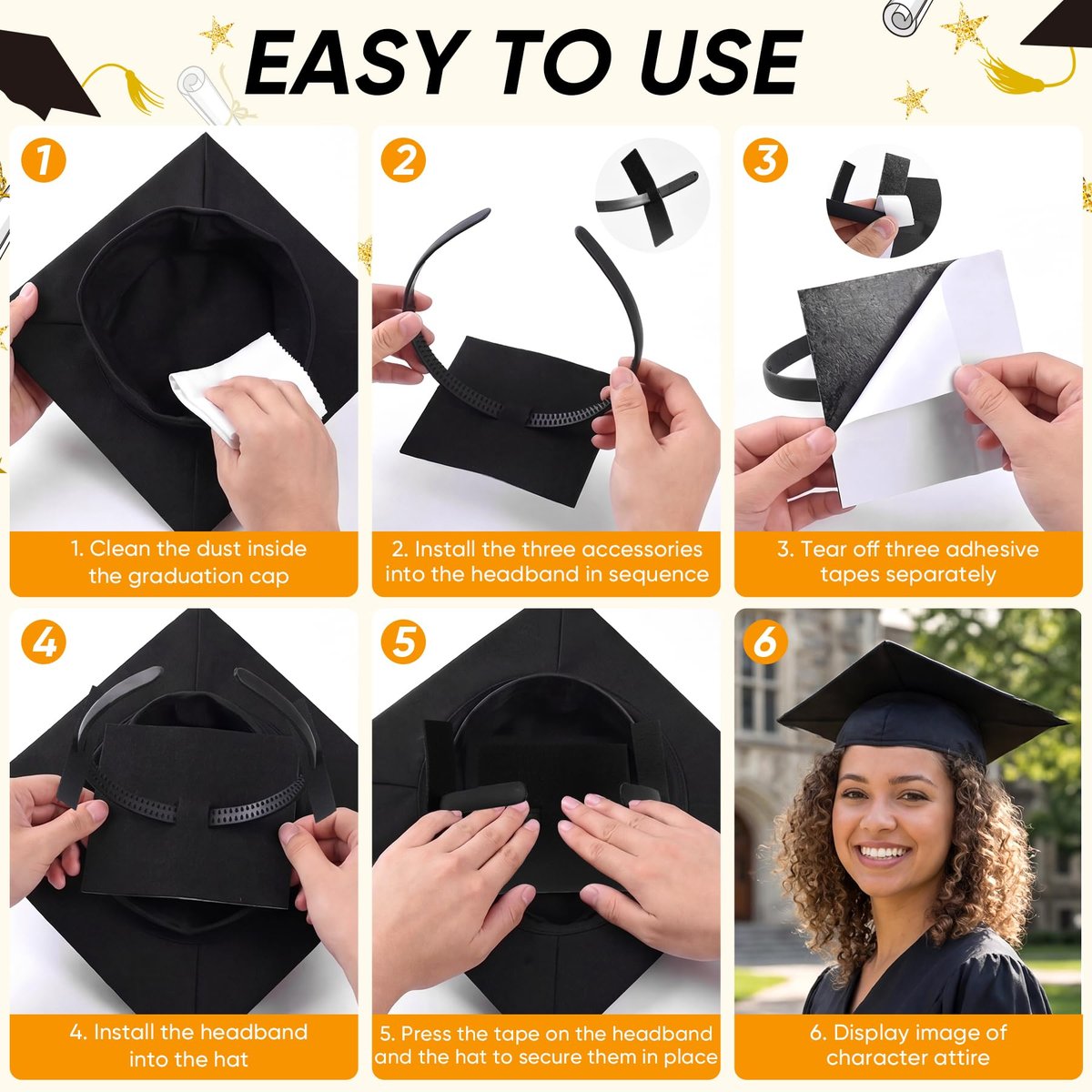 YFJOLEN 2 Pack Graduation Cap Headbands - Black Grad Cap Hairband Inserts for Perfect Fit, Graduation Hat Accessories for Students - görsel 3