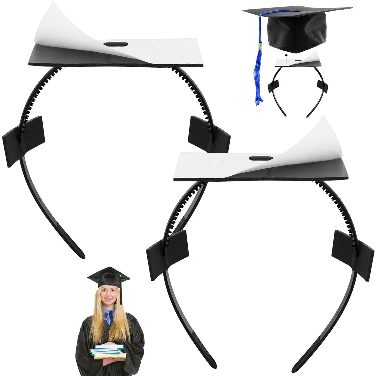 YFJOLEN 2 Pack Graduation Cap Headbands - Black Grad Cap Hairband Inserts for Perfect Fit, Graduation Hat Accessories for Students - görsel 1