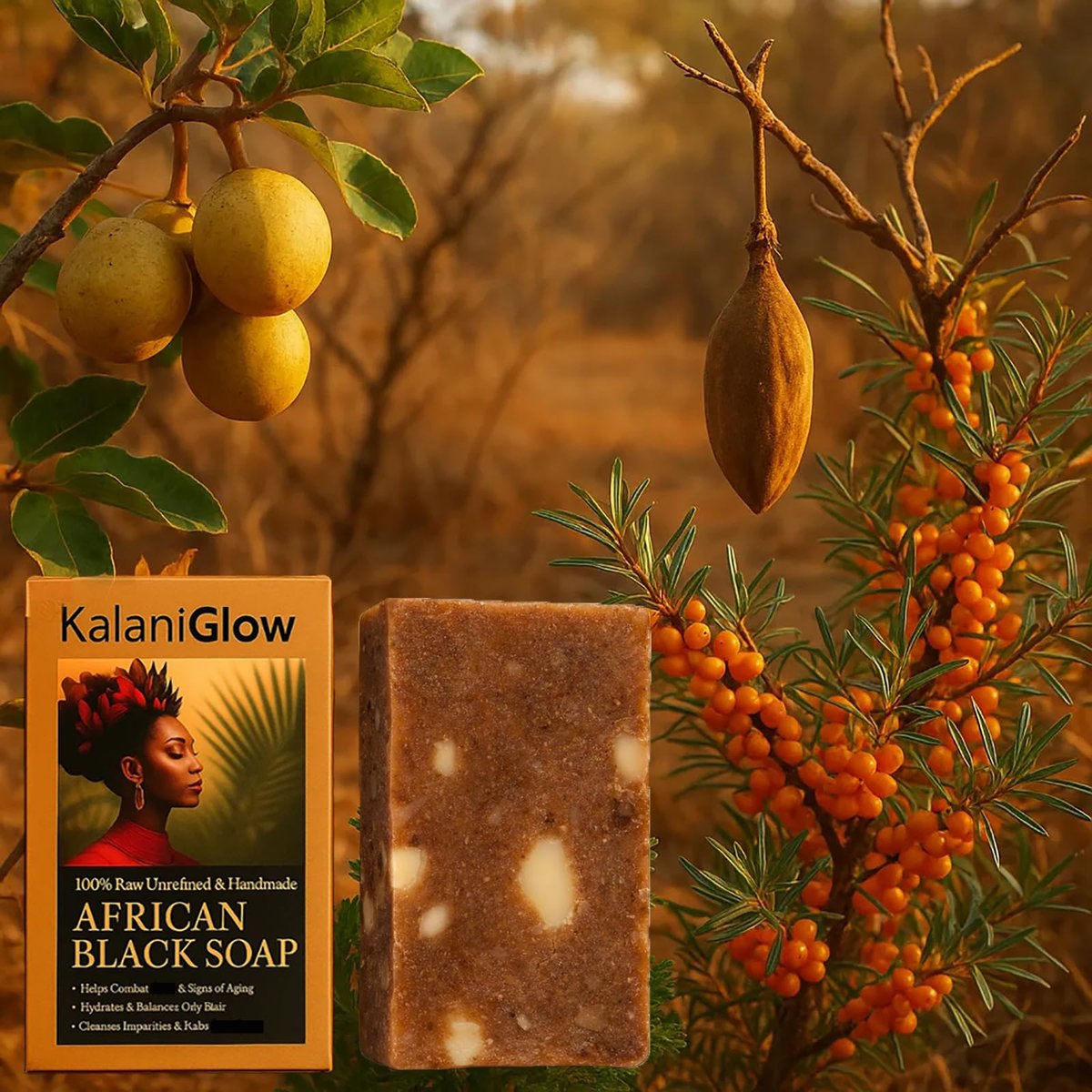 Kalani Glow African Black Soap – Raw African Black Soap Bar for Hydrating Dry Skin, Supports Even Skin Tone for Face & Body Wash, 3.53 oz Avelisse