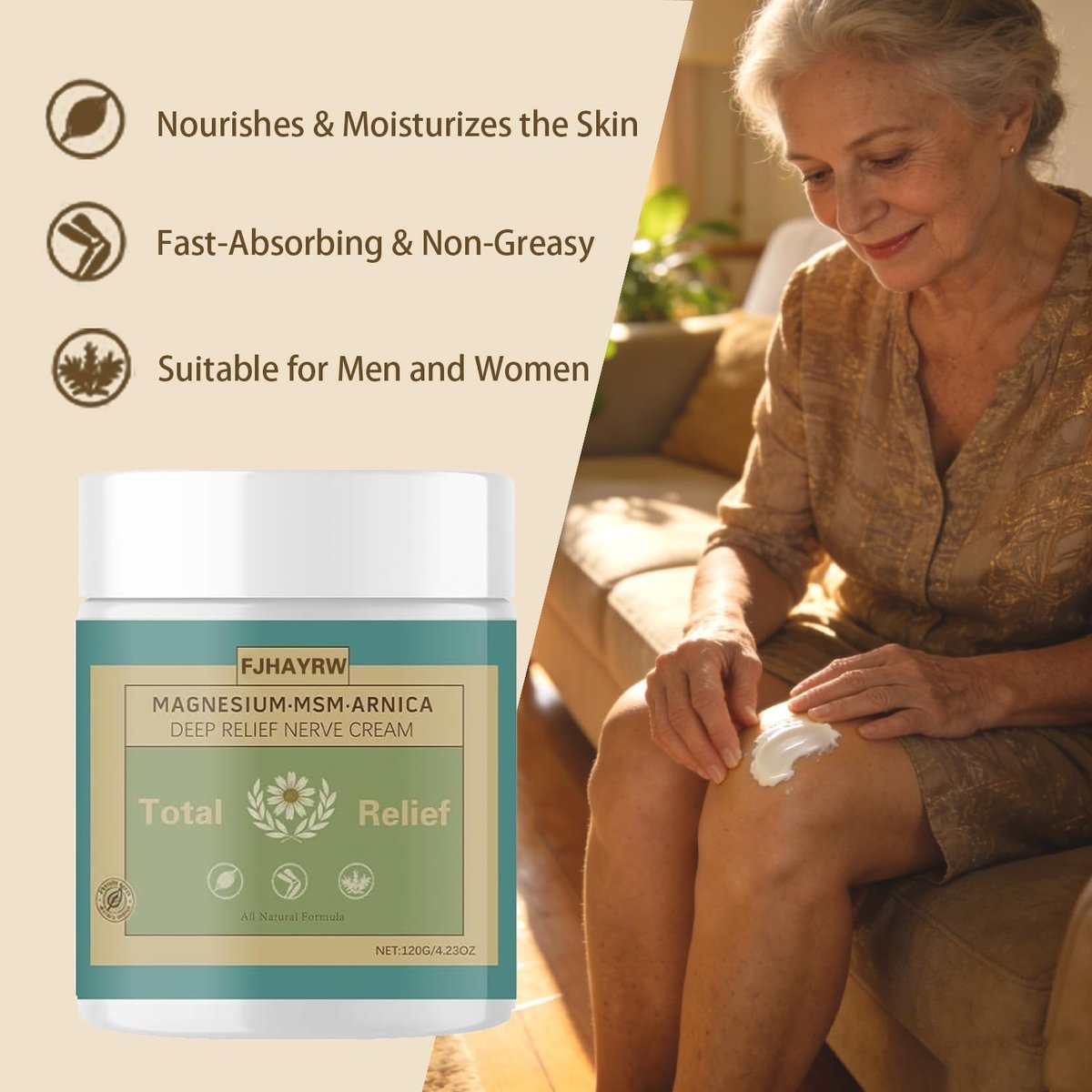 FJHAYRW Total Relief Soothing Magnesium Cream for Muscle Comfort, Nerve Relief Cream with MSM, Arnica, Non-Greasy Topical, Fast Absorbing, Joint Relief (120g) Avelisse