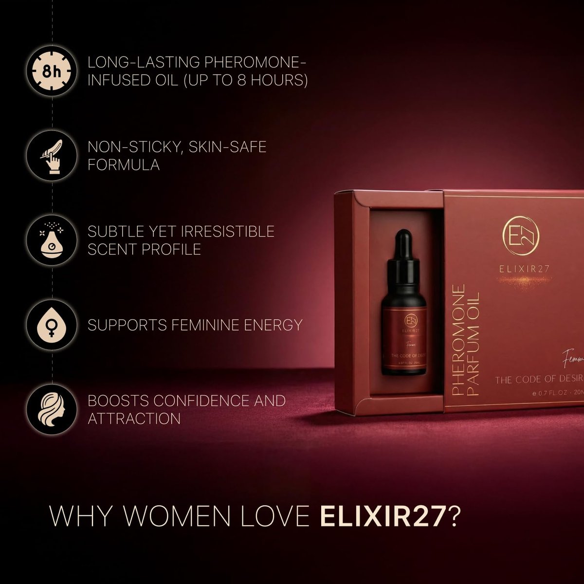 ELIXIR27 Pheromones Perfume Oil for Women – Luxury Feminine Fragrance Oil, Long-Lasting Scent with Raspberry, Jasmine & Vanilla Notes (0.7 Fl Oz) Avelisse