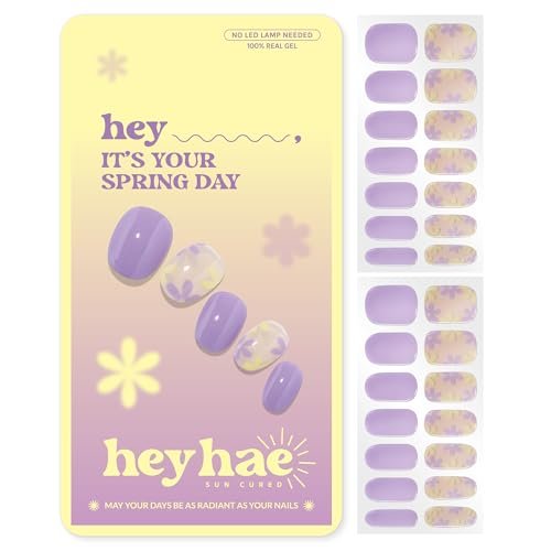 Heyhae Semi Cured Gel Nail Strips - Purple Floral Design, No LED Lamp Needed, Easy Apply & Remove, Salon Quality, 28 Strips + Prep Pads + File + Stick Avelisse