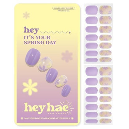 Heyhae Semi Cured Gel Nail Strips - Purple Floral Design, No LED Lamp Needed, Easy Apply & Remove, Salon Quality, 28 Strips + Prep Pads + File + Stick Avelisse