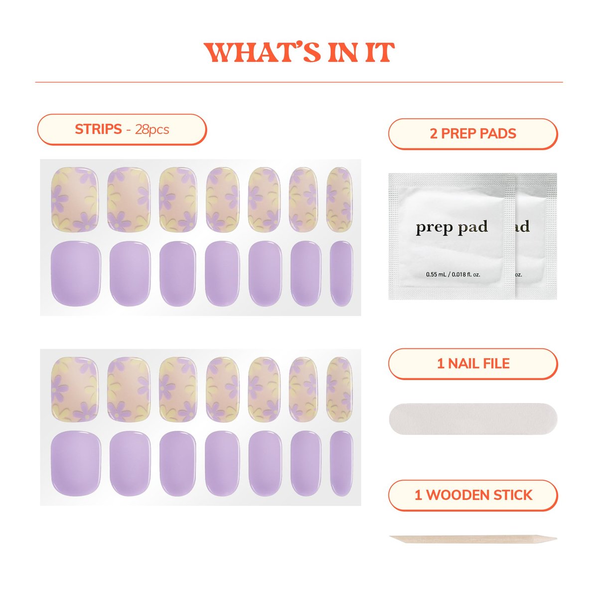Heyhae Semi Cured Gel Nail Strips - Purple Floral Design, No LED Lamp Needed, Easy Apply & Remove, Salon Quality, 28 Strips + Prep Pads + File + Stick Avelisse