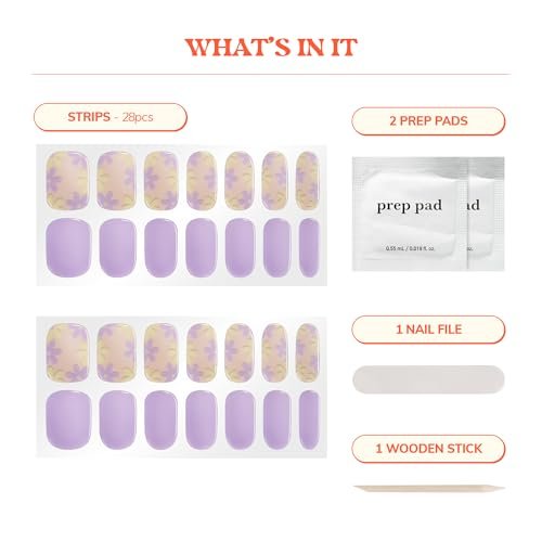 Heyhae Semi Cured Gel Nail Strips - Purple Floral Design, No LED Lamp Needed, Easy Apply & Remove, Salon Quality, 28 Strips + Prep Pads + File + Stick Avelisse