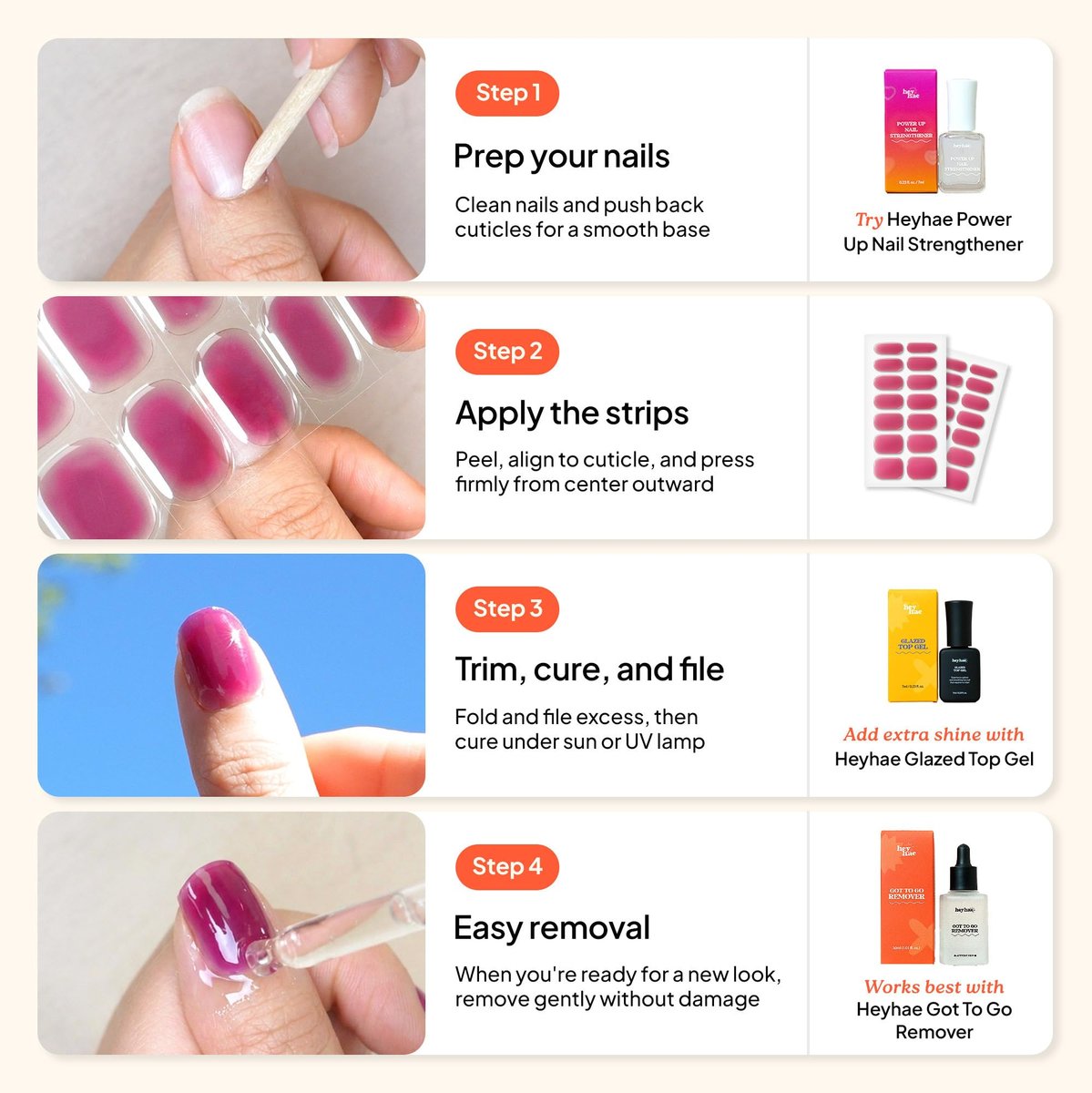 Heyhae Semi Cured Gel Nail Strips - No LED Lamp Needed | Purple Ombre | Salon Quality, Easy Apply & Remove | 28 Strips, Prep Pads, File & Stick | Hey, Born to Shine Avelisse