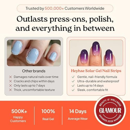 Heyhae Semi Cured Gel Nail Strips - No LED Lamp Needed | Purple Ombre | Salon Quality, Easy Apply & Remove | 28 Strips, Prep Pads, File & Stick | Hey, Born to Shine Avelisse