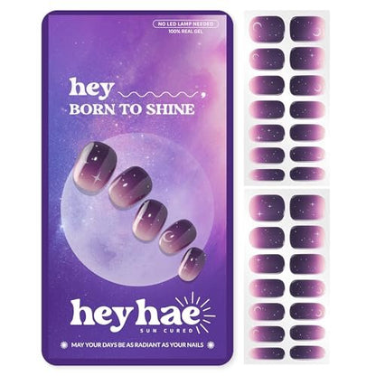 Heyhae Semi Cured Gel Nail Strips - No LED Lamp Needed | Purple Ombre | Salon Quality, Easy Apply & Remove | 28 Strips, Prep Pads, File & Stick | Hey, Born to Shine Avelisse