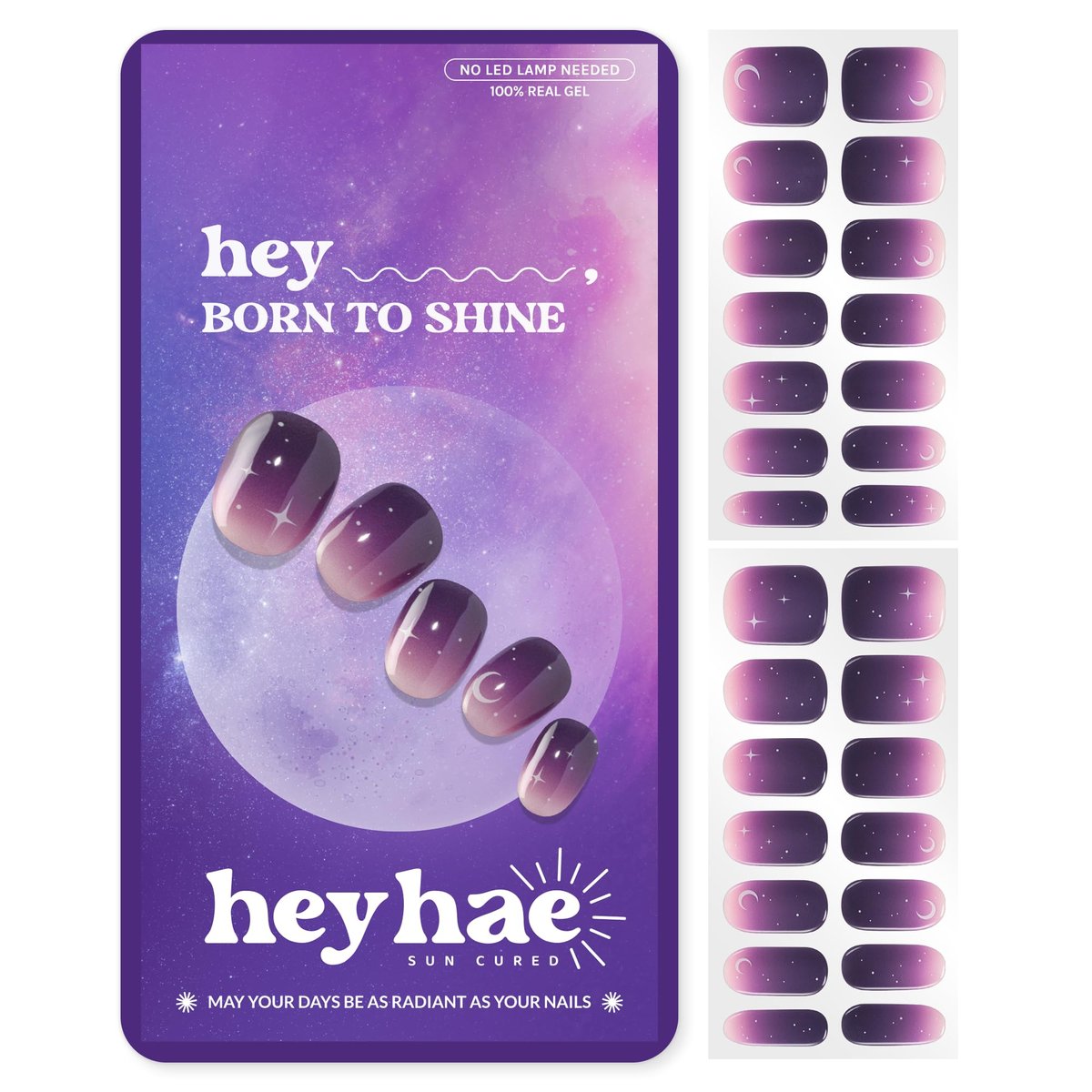 Heyhae Semi Cured Gel Nail Strips - No LED Lamp Needed | Purple Ombre | Salon Quality, Easy Apply & Remove | 28 Strips, Prep Pads, File & Stick | Hey, Born to Shine Avelisse