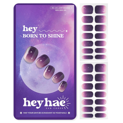 Heyhae Semi Cured Gel Nail Strips - No LED Lamp Needed | Purple Ombre | Salon Quality, Easy Apply & Remove | 28 Strips, Prep Pads, File & Stick | Hey, Born to Shine Avelisse