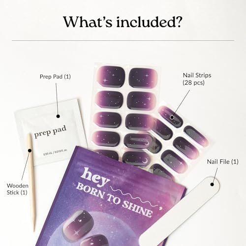 Heyhae Semi Cured Gel Nail Strips - No LED Lamp Needed | Purple Ombre | Salon Quality, Easy Apply & Remove | 28 Strips, Prep Pads, File & Stick | Hey, Born to Shine Avelisse