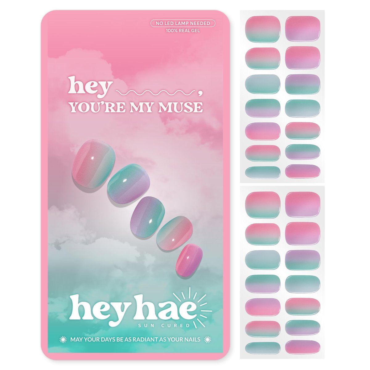 Heyhae Semi Cured Gel Nail Strips - Pink Rainbow Design, No LED Lamp Needed - Easy Apply & Remove, Salon Quality - 28 Strips, Prep Pads, File & Stick - Hey, You're My Muse Avelisse