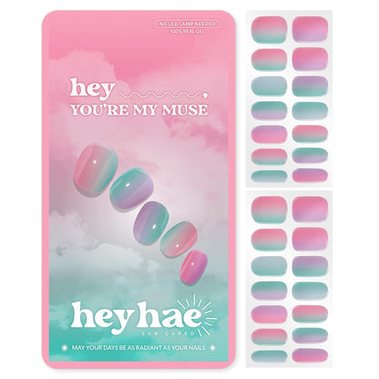 Heyhae Semi Cured Gel Nail Strips - Pink Rainbow Design, No LED Lamp Needed - Easy Apply & Remove, Salon Quality - 28 Strips, Prep Pads, File & Stick - Hey, You're My Muse Avelisse