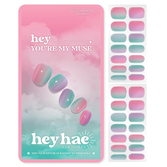 Heyhae Semi Cured Gel Nail Strips - Pink Rainbow Design, No LED Lamp Needed - Easy Apply & Remove, Salon Quality - 28 Strips, Prep Pads, File & Stick - Hey, You're My Muse Avelisse