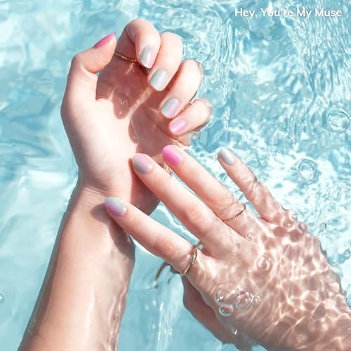 Heyhae Semi Cured Gel Nail Strips - Pink Rainbow Design, No LED Lamp Needed - Easy Apply & Remove, Salon Quality - 28 Strips, Prep Pads, File & Stick - Hey, You're My Muse Avelisse
