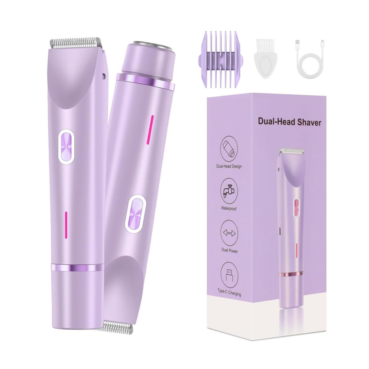 RtLvio 2-in-1 Dual Head Bikini Trimmer for Women - Cordless & Waterproof Electric Bikini Shaver & Body Shaver, Painless Hair Removal with Silky Glow Finish (Purple) Avelisse