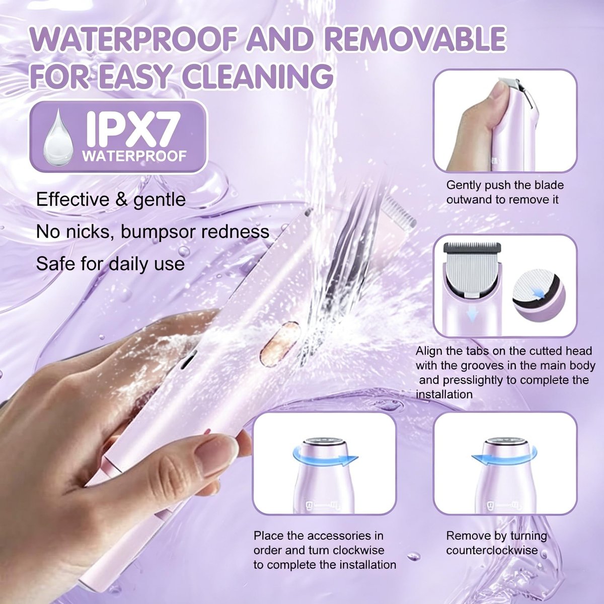 RtLvio 2-in-1 Dual Head Bikini Trimmer for Women - Cordless & Waterproof Electric Bikini Shaver & Body Shaver, Painless Hair Removal with Silky Glow Finish (Purple) Avelisse