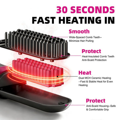 Cordless Hair Straightener Brush - Portable Fast-Heating Styling Tool with Protective Dust Cover, 3 Temperature Settings, 300 Million Negative Ions for Frizz-Free Styling On-the-Go & Travel Avelisse