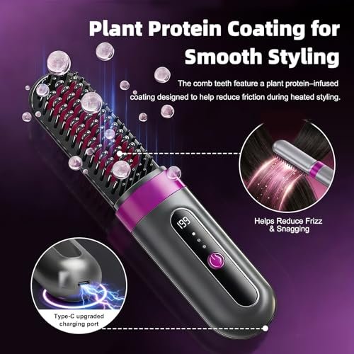 Cordless Hair Straightener Brush - Portable Fast-Heating Styling Tool with Protective Dust Cover, 3 Temperature Settings, 300 Million Negative Ions for Frizz-Free Styling On-the-Go & Travel Avelisse