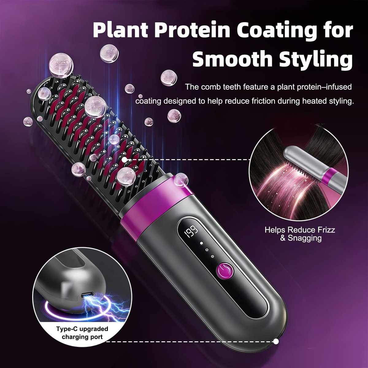 Cordless Hair Straightener Brush - Portable Fast-Heating Styling Tool with Protective Dust Cover, 3 Temperature Settings, 300 Million Negative Ions for Frizz-Free Styling On-the-Go & Travel Avelisse