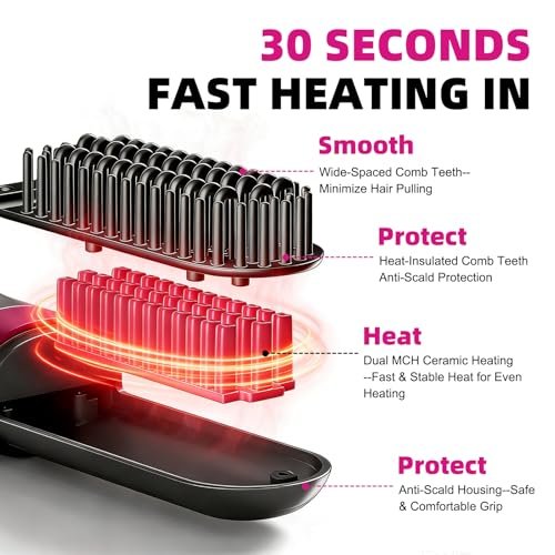 Cordless Hair Straightener Brush - Portable Fast-Heating Styling Tool with Protective Dust Cover, 3 Temperature Settings, 300 Million Negative Ions for Frizz-Free Styling On-the-Go & Travel Avelisse